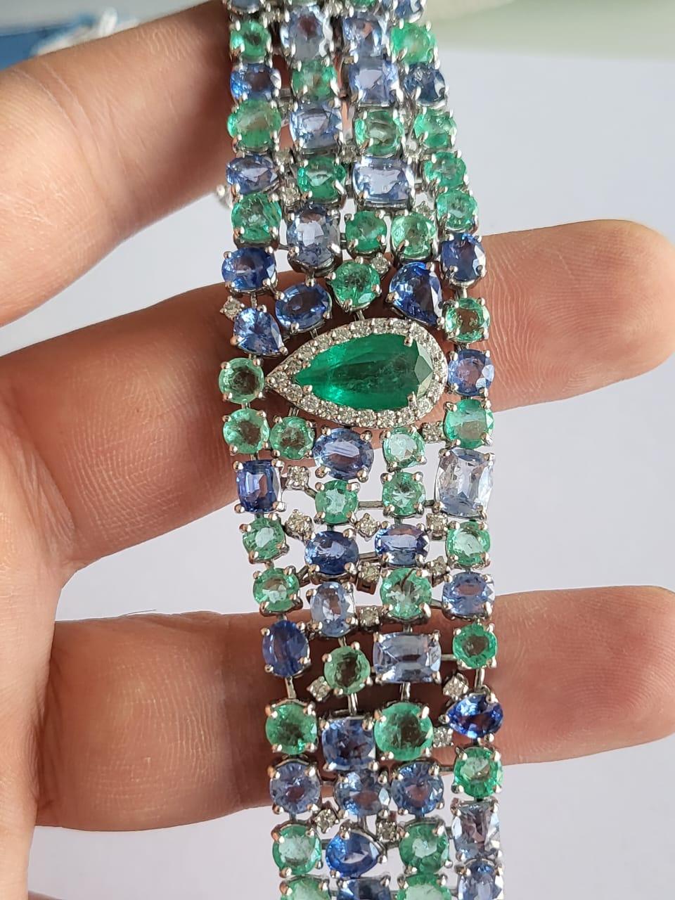 Set in 18k Gold, Zambian Emeralds, Blue Sapphires and Diamonds Modern Bracelets For Sale 1