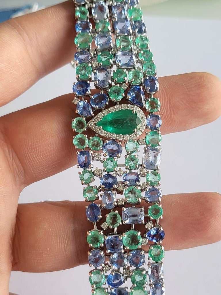 Set in 18k Gold, Zambian Emeralds, Blue Sapphires and Diamonds Modern ...