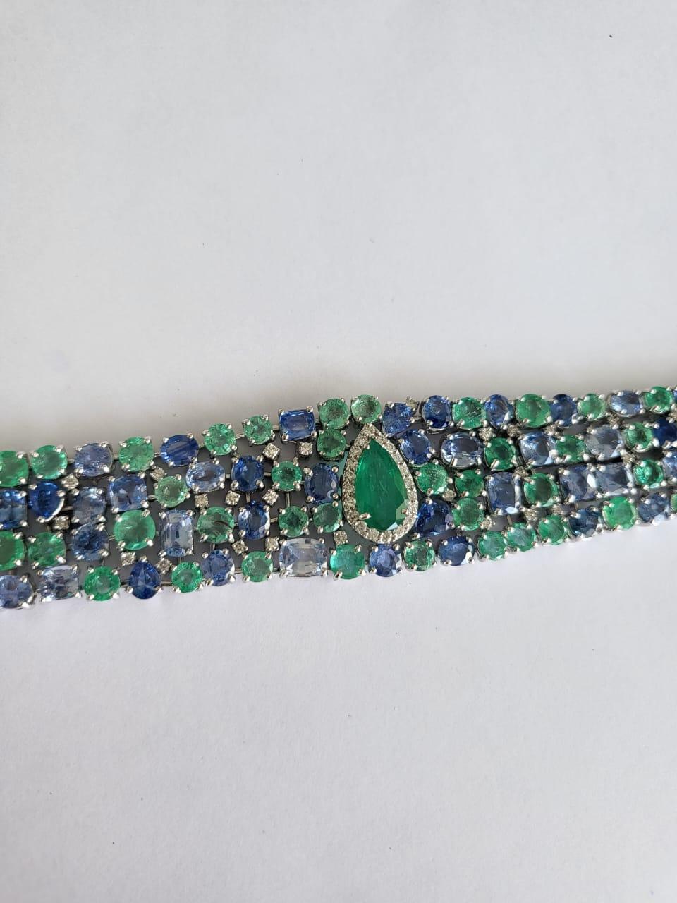 Set in 18k Gold, Zambian Emeralds, Blue Sapphires and Diamonds Modern Bracelets For Sale 2