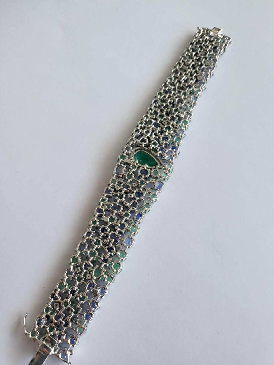 Set in 18k Gold, Zambian Emeralds, Blue Sapphires and Diamonds Modern Bracelets For Sale 3
