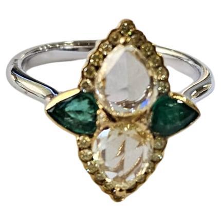 Set in 18K Gold, Zambian Emeralds 
Yellow Rose Cut Diamonds Engagement Ring For Sale