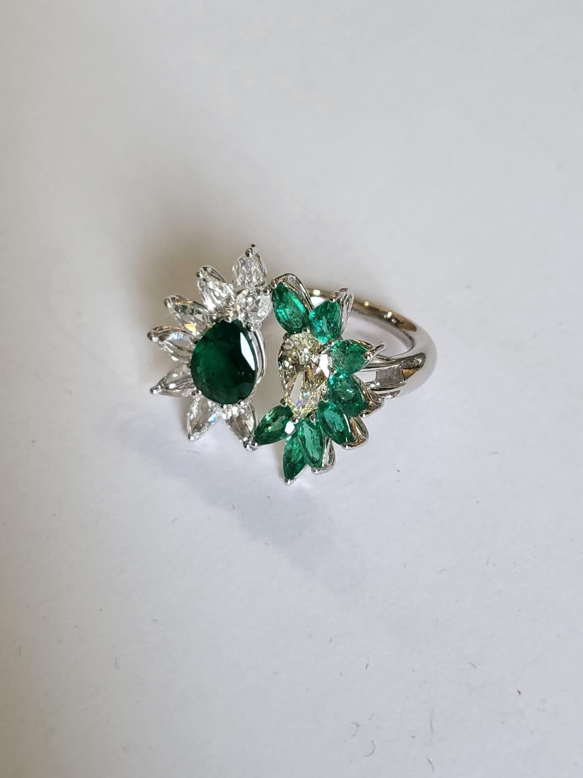 Pear Cut Set in 18K Gold, 2.92 carat Zambian Emerald & 2.02 carat Diamonds Engagement Ring