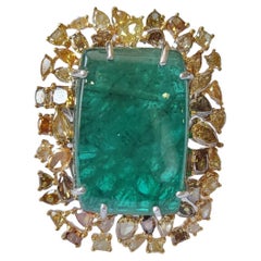 Set in 18K Gold, 34 Carats Natural Zambian Emerald & Brown Diamonds Cocktail Ring