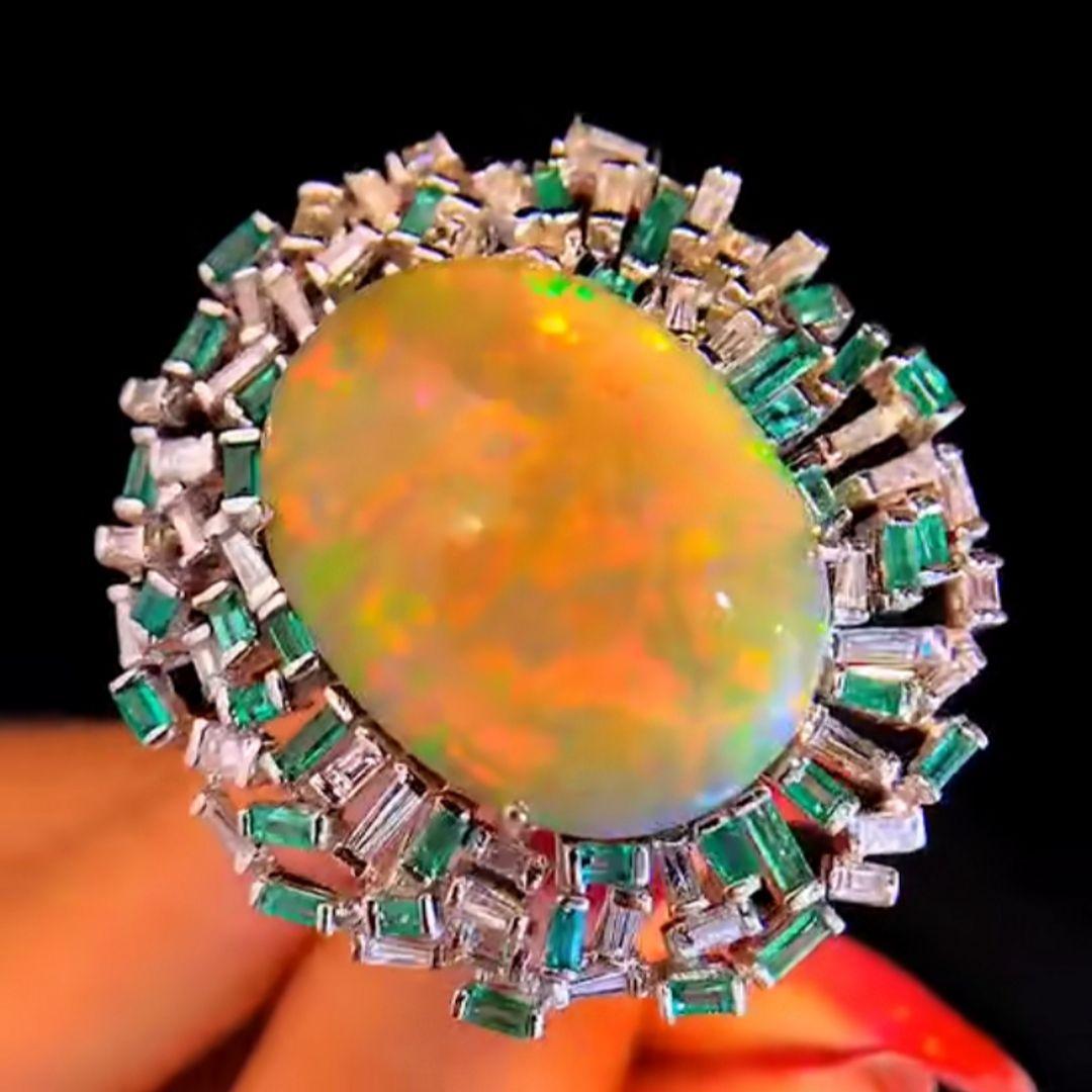 Art Deco 18K Gold Ethiopian Opal, Baguette Emerald & Baguette Diamond Cocktail Ring