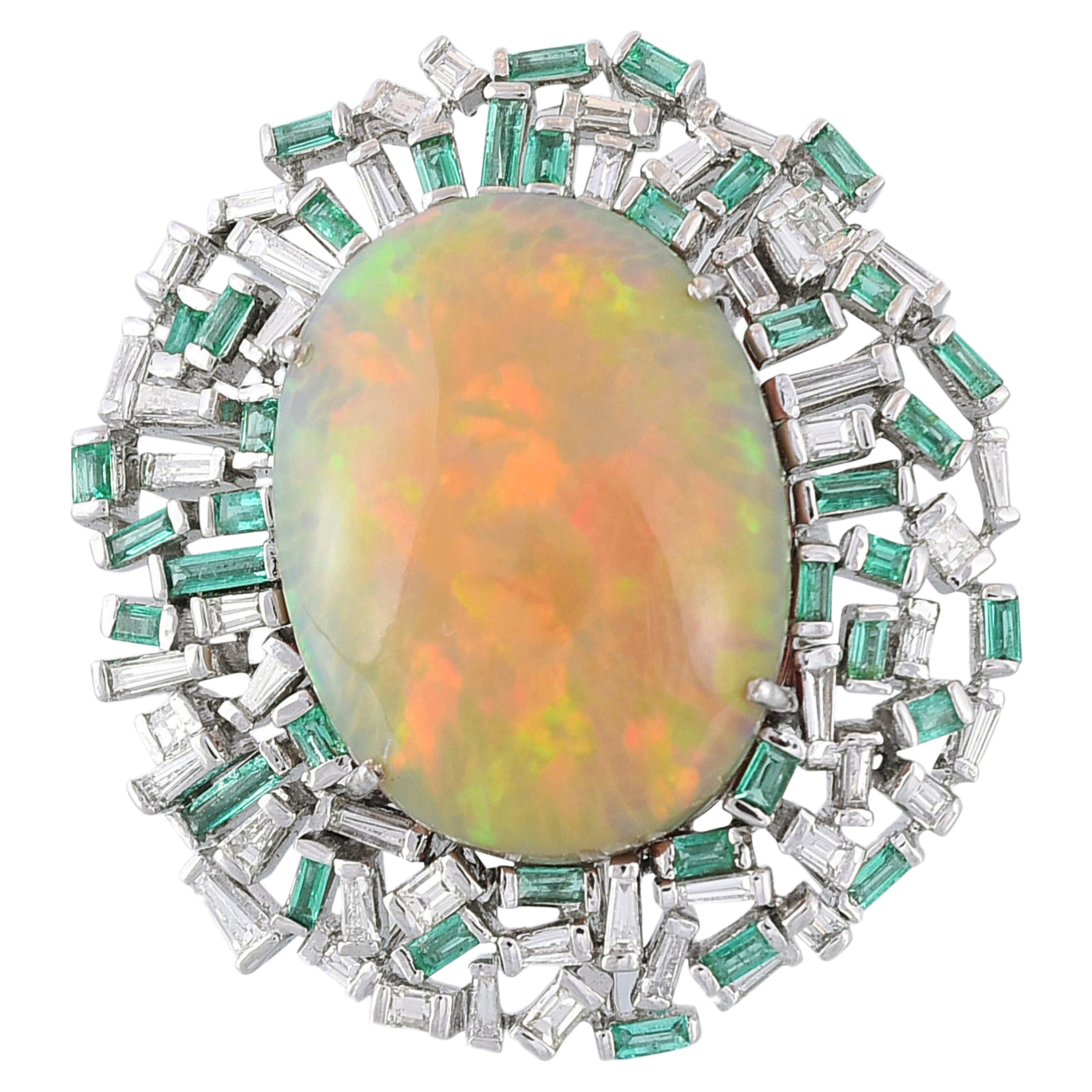 18K Gold Ethiopian Opal, Baguette Emerald 
Baguette Diamond Cocktail Ring