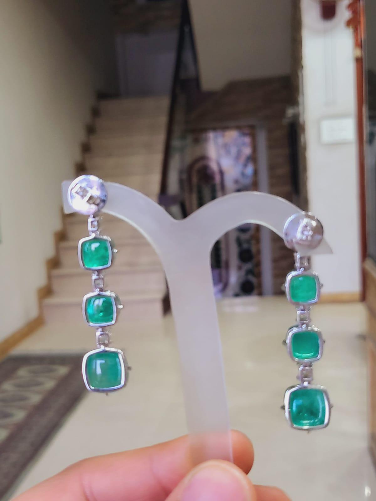 Set in 18K Gold, Zambian Emerald Sugarloafs & Diamonds Chandelier/ Dangle Earring In New Condition In Hong Kong, HK