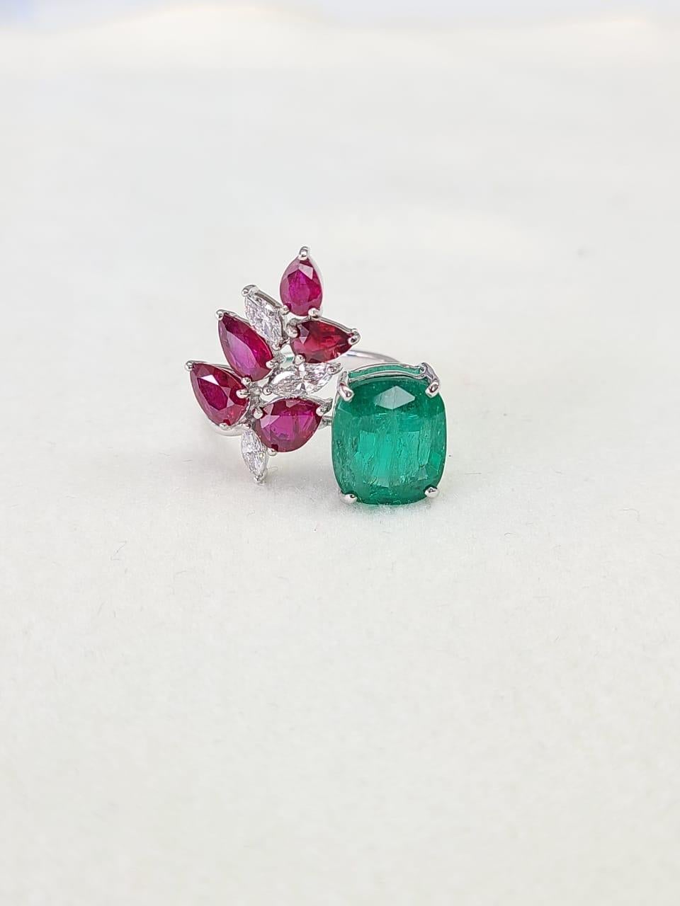 Modernist 18K Gold Zambian Emerald Marquise Mozambique Ruby & Diamond Cocktail Ring