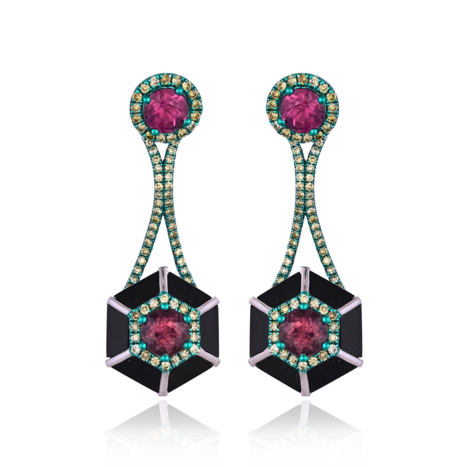Set in 18K Green Rhodium Gold, Tourmaline, Black Onyx & Diamonds Dangle Earrings For Sale 7