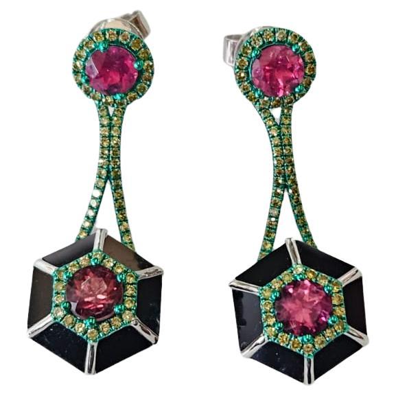 A very gorgeous and beautiful, modern style, Tourmaline & Black Onyx Dangle Earrings set in 18K Gold with Green Rhodium & natural Diamonds. The weight of the Tourmalines is 2.10 carats. The weight of the Black Onyx is 6.54 carats. The Diamonds
