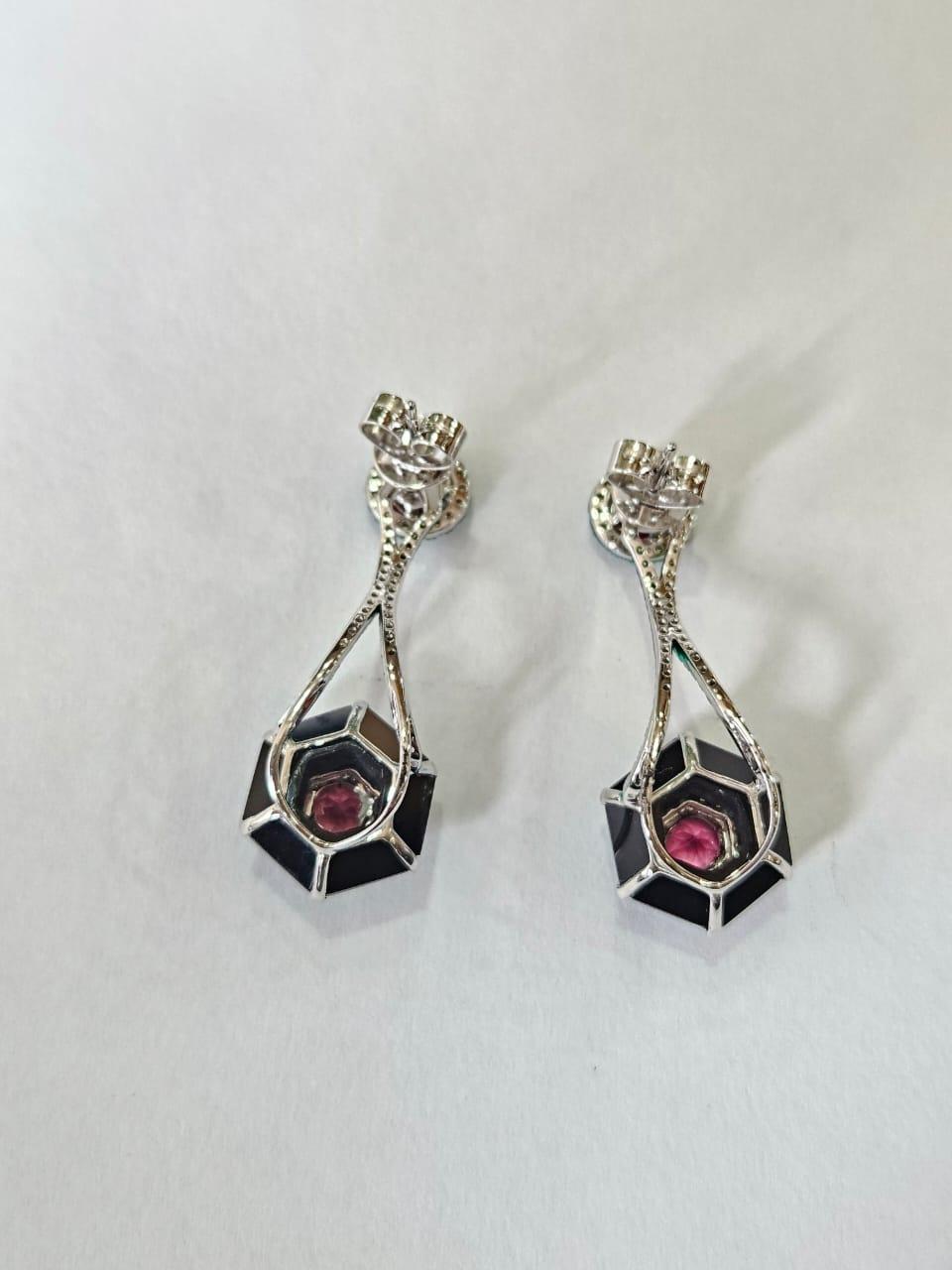 Round Cut Set in 18K Green Rhodium Gold, Tourmaline, Black Onyx & Diamonds Dangle Earrings For Sale