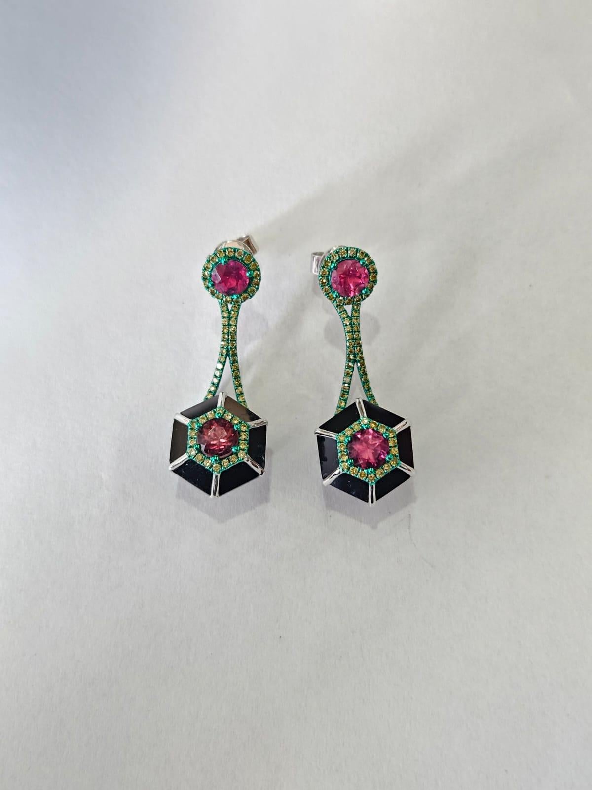 Women's or Men's Set in 18K Green Rhodium Gold, Tourmaline, Black Onyx & Diamonds Dangle Earrings For Sale