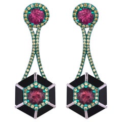 Set in 18K Green Rhodium Gold, Tourmaline, Black Onyx & Diamonds Dangle Earrings