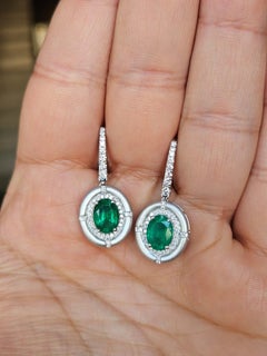 Set in 18K Matte Gold, 2.68 carats, Zambian Emerald & Diamonds Dangle Earrings