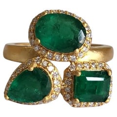 Set in 18K Matte Gold 3.61 carat natural Zambian Emerald & Diamond Cocktail Ring