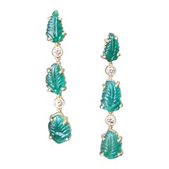 Set in 18K Matte Gold, Carved Zambian Emeralds & Diamonds Chandelier Earrings