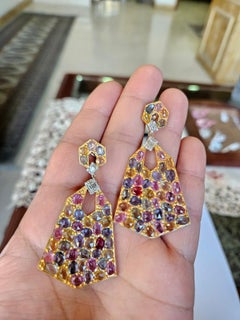 Set in 18K Matte Gold, Ceylon Multi Sapphires & Diamonds Chandelier Earrings