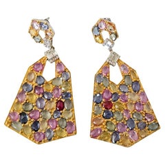 Set in 18K Matte Gold, Ceylon Multi Sapphires 
Diamonds Chandelier Earrings