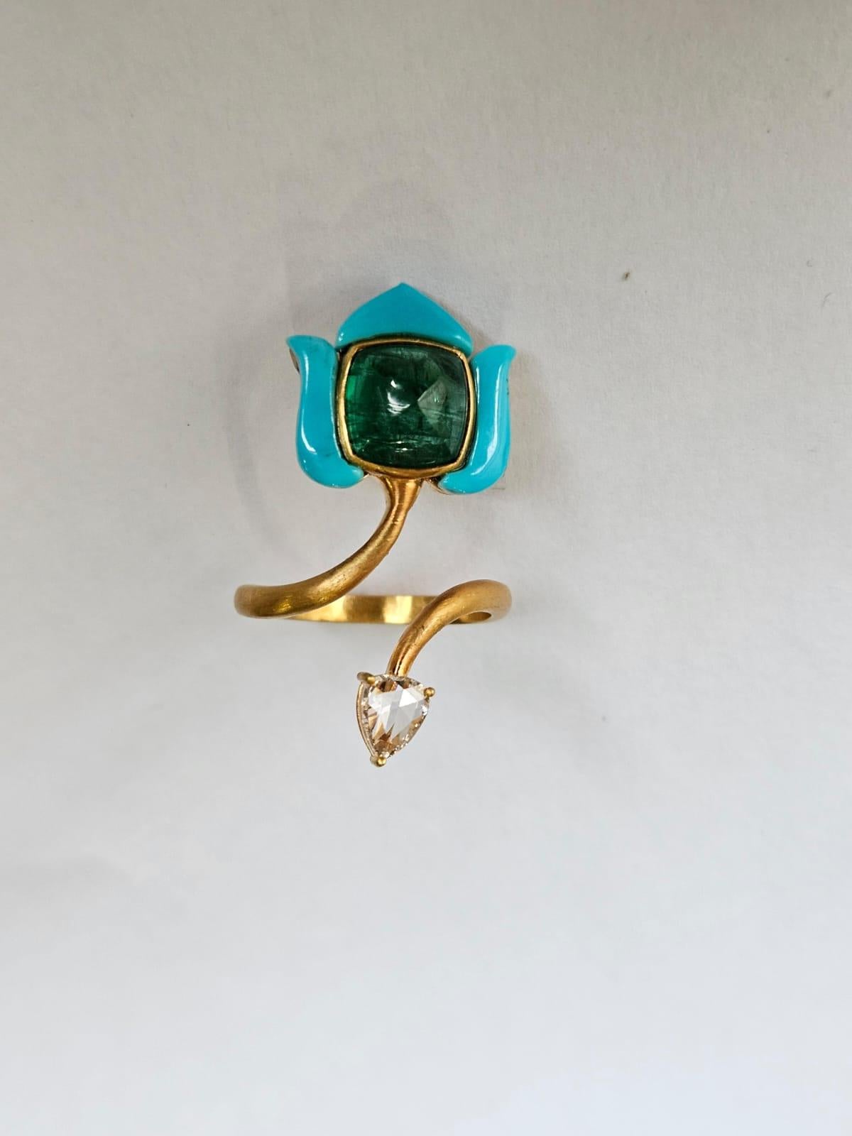 Artisan Set in 18K Matte Gold, Emerald sugarloaf, Turquoise & Diamonds Wrap Around Ring For Sale