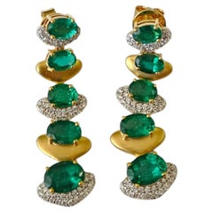 Set in 18K Matte Gold, natural Zambian Emeralds & Diamonds Chandelier Earrings
