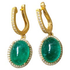 Set in 18K Matte Yellow Gold, Natural Emerald Cabochon & Diamond Dangle Earrings