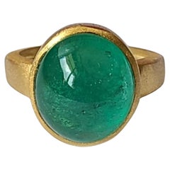 Set in 18K Matte Yellow Gold, Zambian Emerald Cabochon Cocktail/ Engagement Ring
