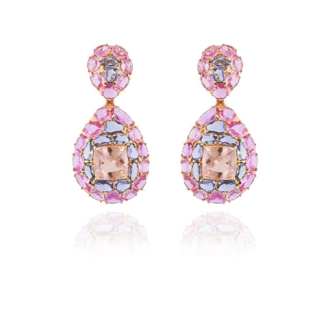A very gorgeous and stunning pair of Morganite, Blue Sapphire & Pink Sapphire Earrings set in 18K Rose Gold. The weight of the Morganites is 20.66 carats. The morganite is natural, without any treatment. The combined weight of the Blue & Pink