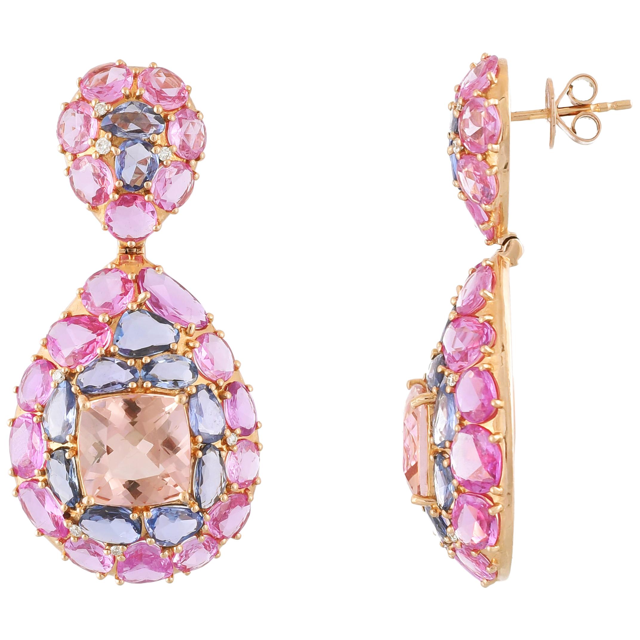 18K Gold Natural Morganite Pink & Blue Sapphire & Diamond Chandelier Earrings