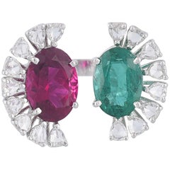 18K Gold Oval Emerald, Tourmaline & Rose Cut Diamonds 2-Finger Cocktail Ring