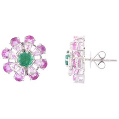 Set in 18K, Pink Sapphire, Emerald 
Rose Cut Diamonds Detachable Stud Earrings