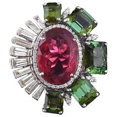18k Gold Pink Tourmaline, Green Tourmaline 
Baguette Diamonds Cocktail Ring