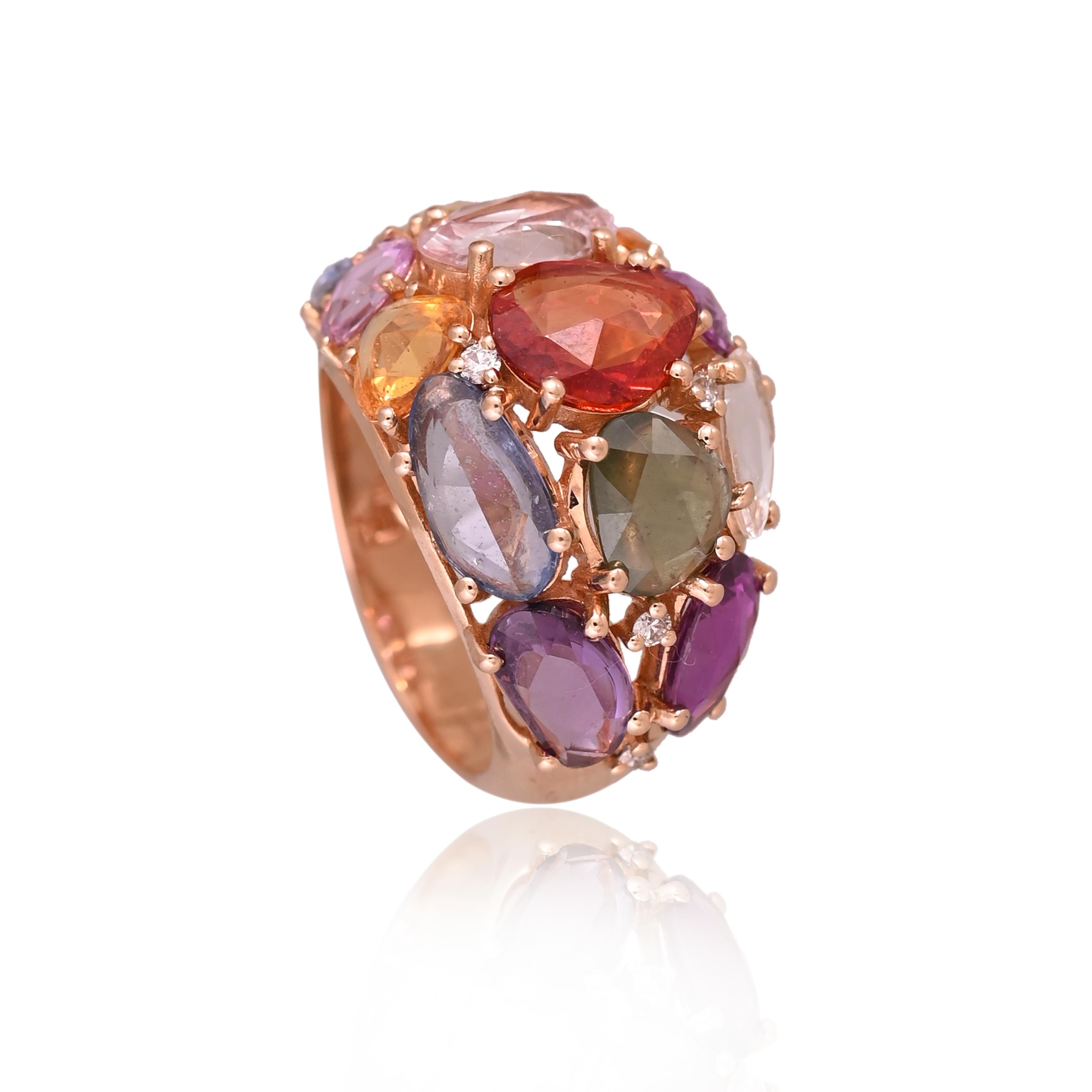 Set in 18K Rose Gold, 10.16 carats, Multi Sapphires & Diamond Cocktail Ring For Sale 3