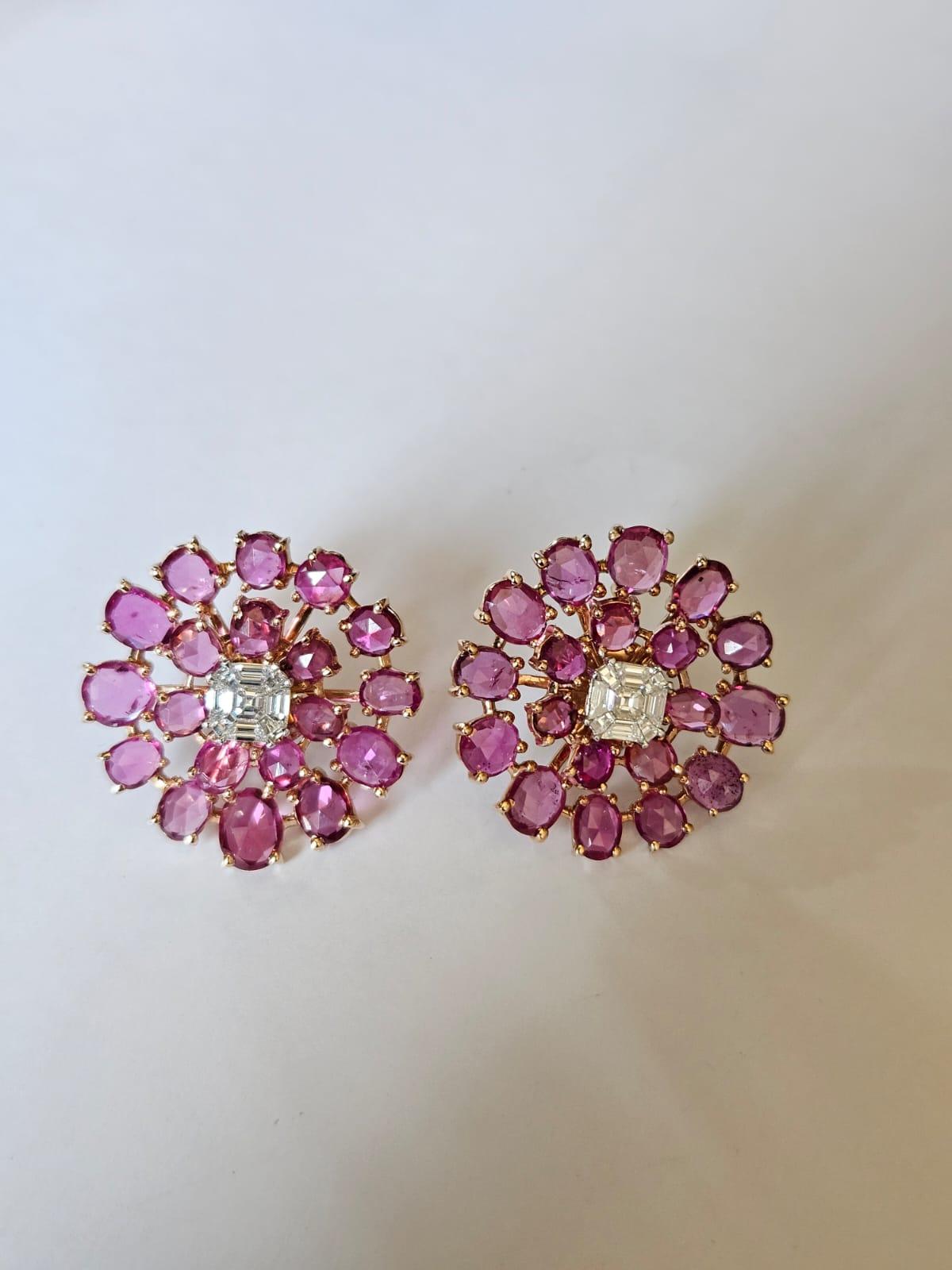 A very gorgeous and beautiful, modern style, Pink Sapphire Stud Earrings set in 18K White Gold & natural Diamonds. The weight of the Pink Sapphires is 10.90 carats. The Pink Sapphires are of Ceylon (Sri Lankan) origin. The Diamonds weight is 0.61