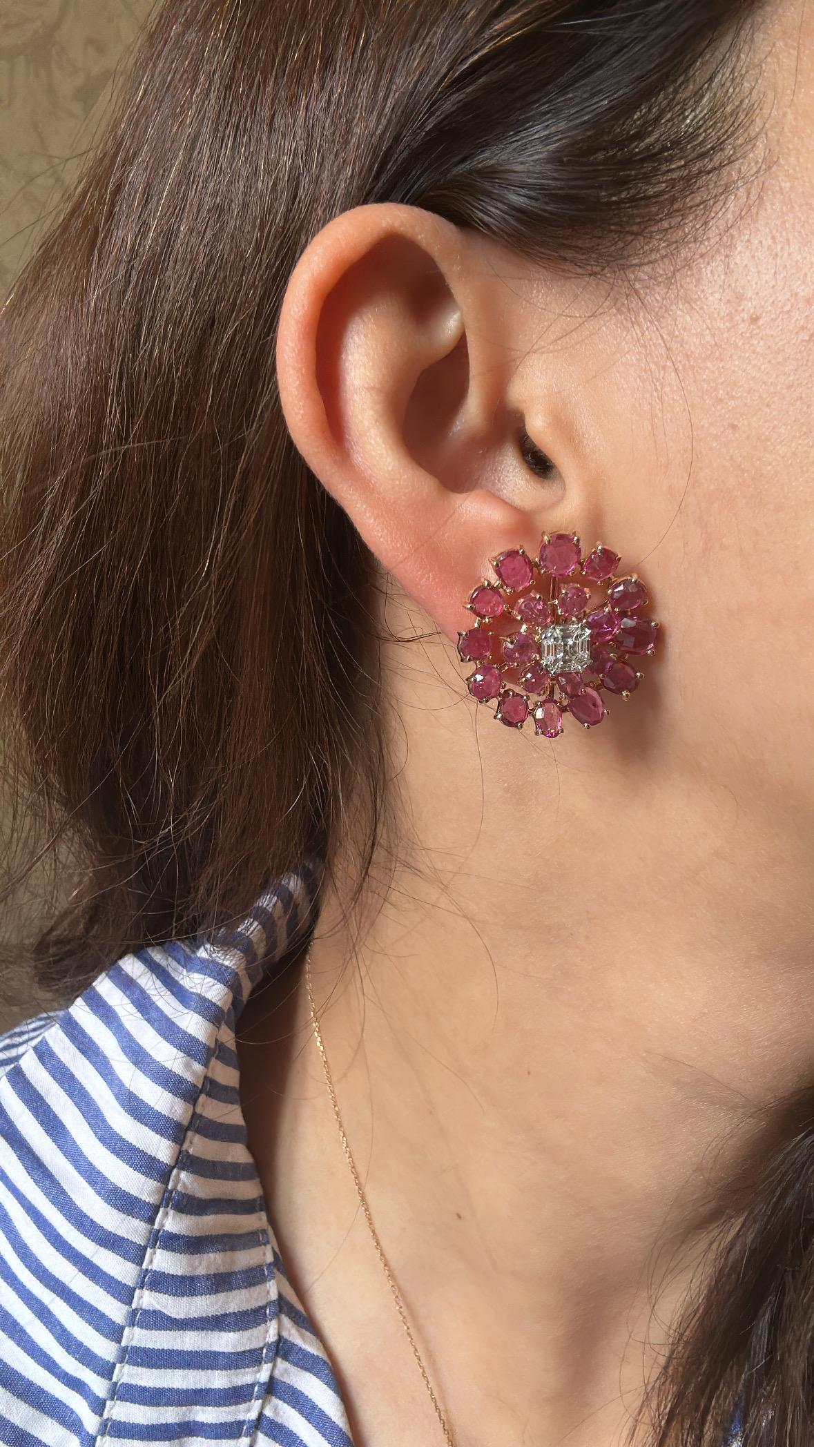 Set in 18K Rose Gold, 10.90 carats Ceylon Pink Sapphires & Diamond stud Earrings For Sale 2