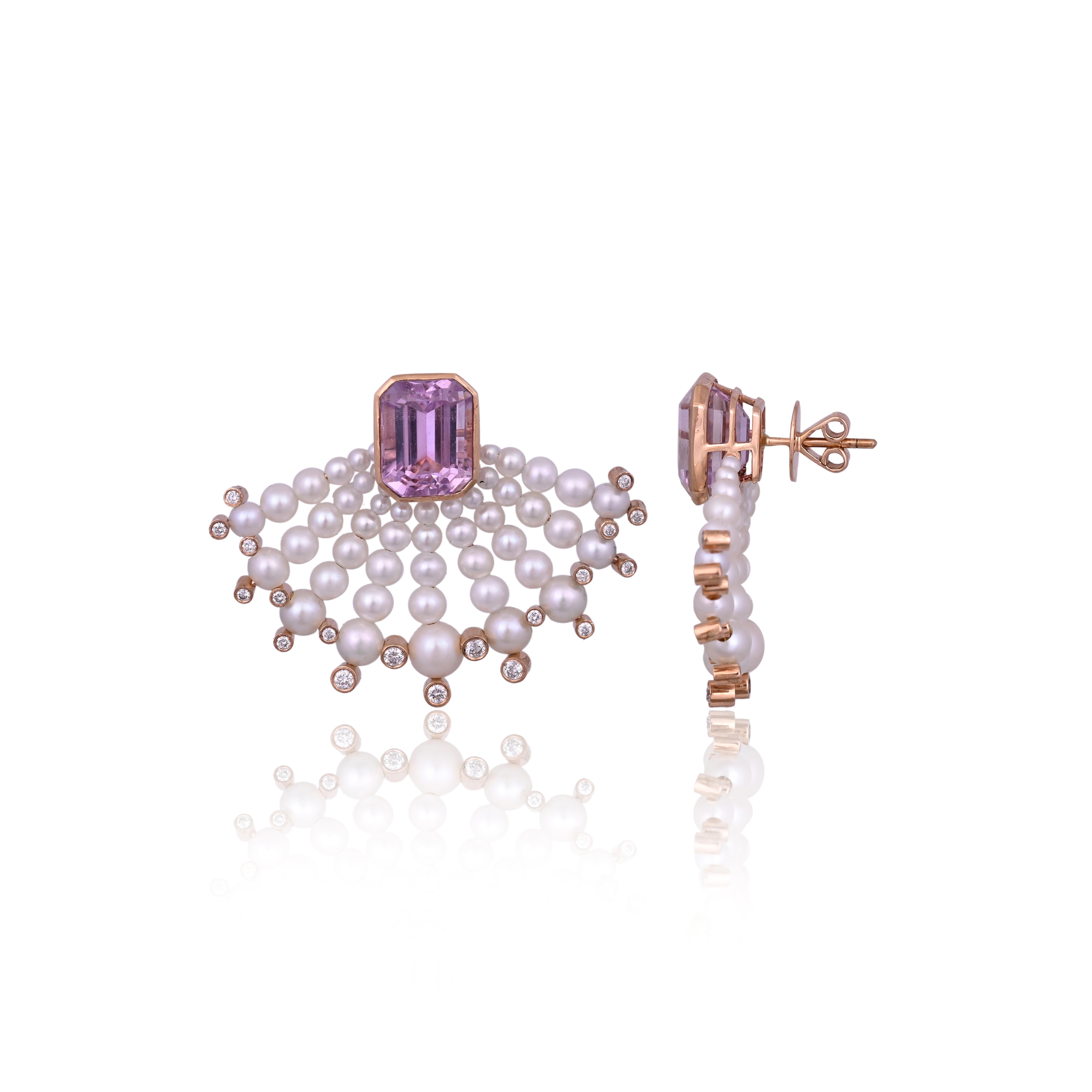Set in 18K rose Gold, 12.66 Kunzite, Freshwater Pearls & Diamonds Stud Earrings For Sale 6
