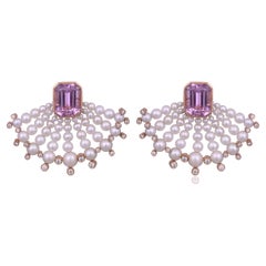 Set in 18K rose Gold, 12.66 Kunzite, Freshwater Pearls & Diamonds Stud Earrings
