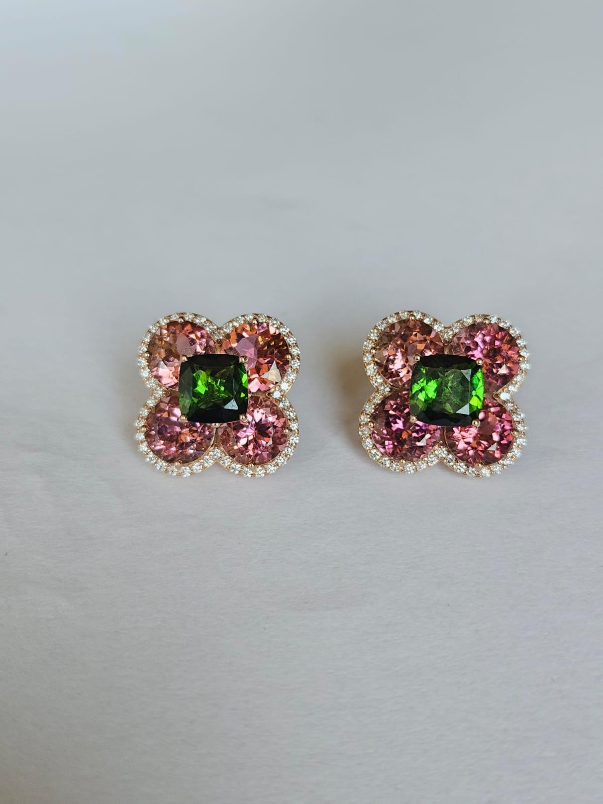 Set in 18K Rose Gold, 13.73 carats, Tourmaline & Diamonds Stud Earrings In New Condition For Sale In Hong Kong, HK