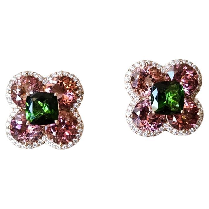 Set in 18K Rose Gold, 13.73 carats, Tourmaline & Diamonds Stud Earrings For Sale