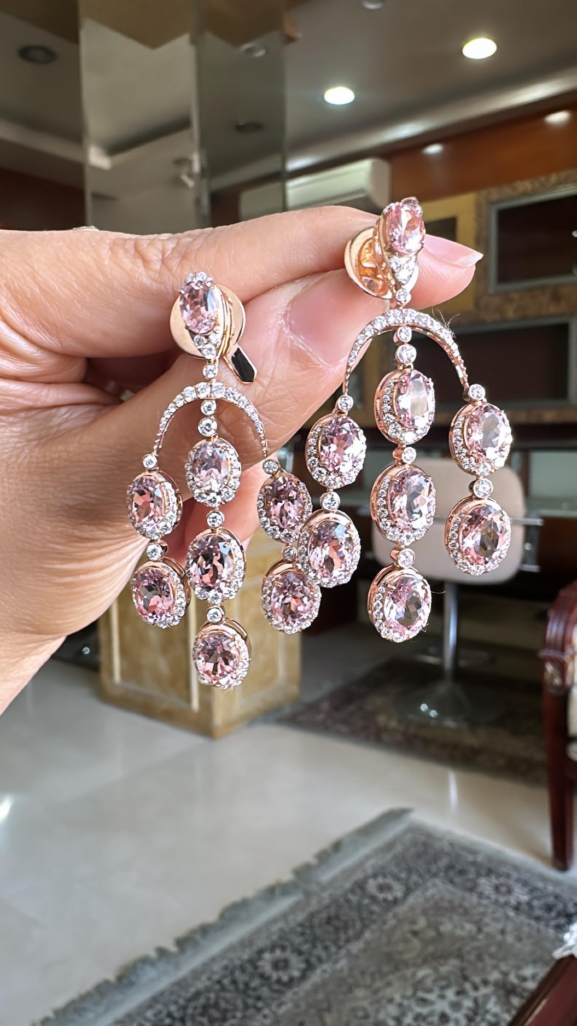 A very gorgeous and beautiful, modern style Morganite Chandelier Earrings set in 18K Rose Gold & Diamonds. The weight of the Morganites is 14.76 carats. The Diamonds weight is 2.99 carats. Net 18K Gold weight is 15.58 grams. The Gross weight of the