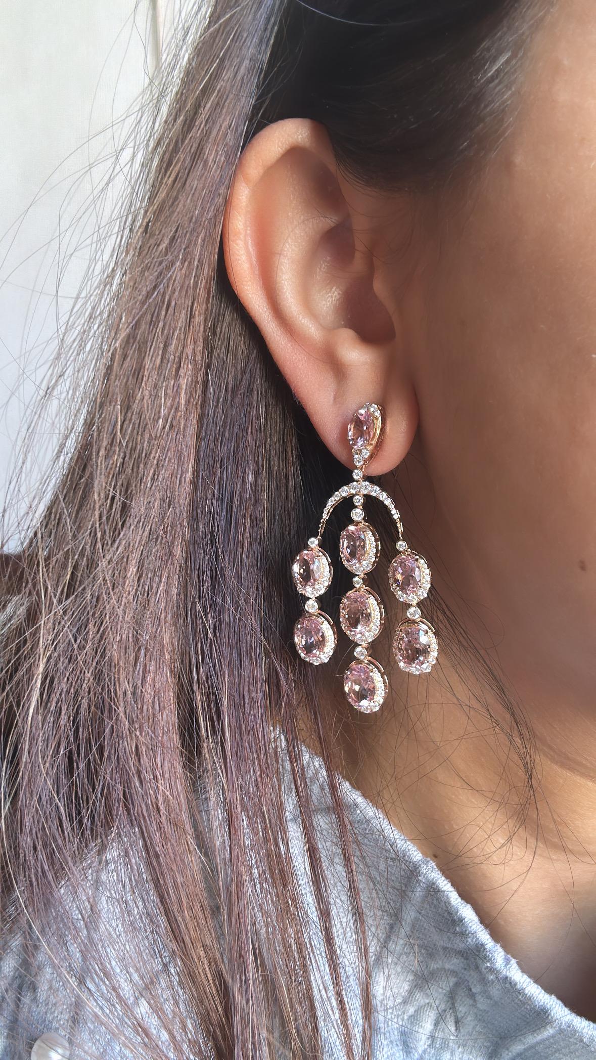 Women's or Men's Set in 18K Rose Gold, 14.76 carats, Morganite & Diamonds Chandelier Earrings For Sale