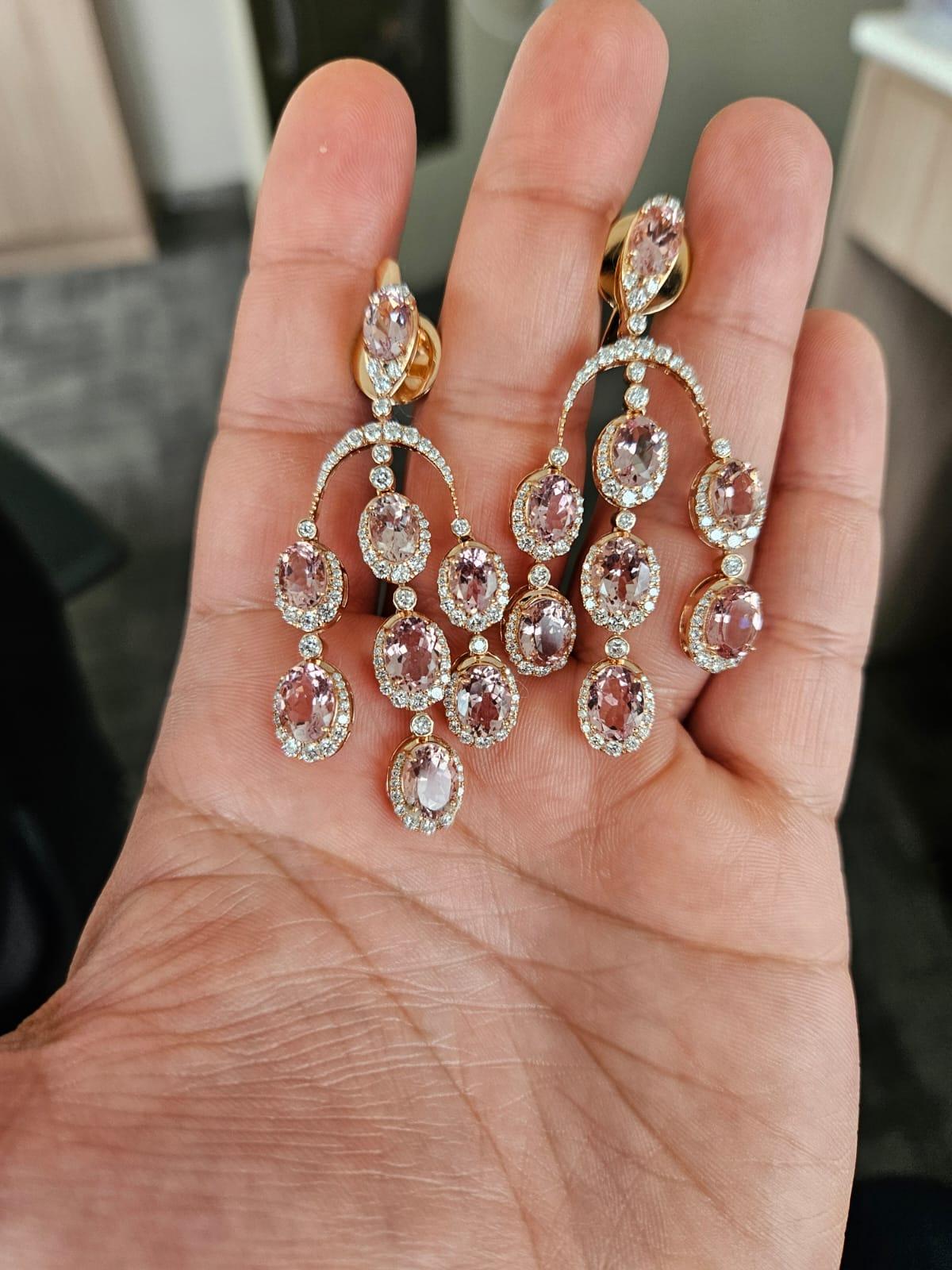 Set in 18K Rose Gold, 14.76 carats, Morganite & Diamonds Chandelier Earrings For Sale 2