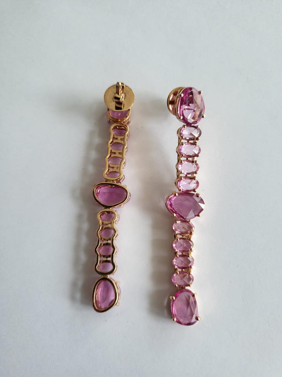 Modern Set in 18k Rose Gold, 15.14 Carats Pink Sapphire Rose Cut Chandelier Earrings For Sale