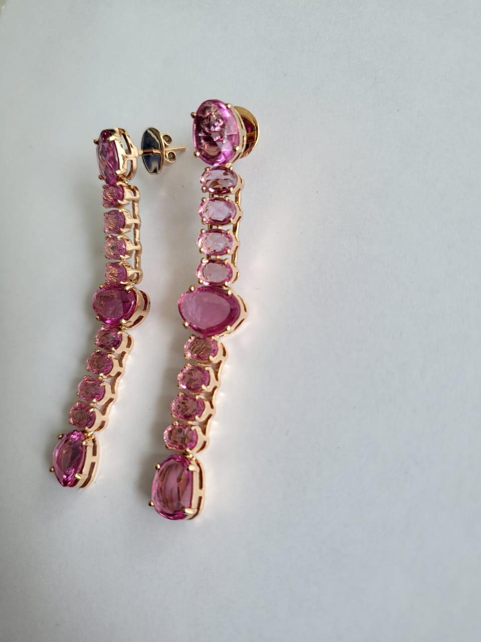 Set in 18k Rose Gold, 15.14 Carats Pink Sapphire Rose Cut Chandelier Earrings In New Condition For Sale In Hong Kong, HK