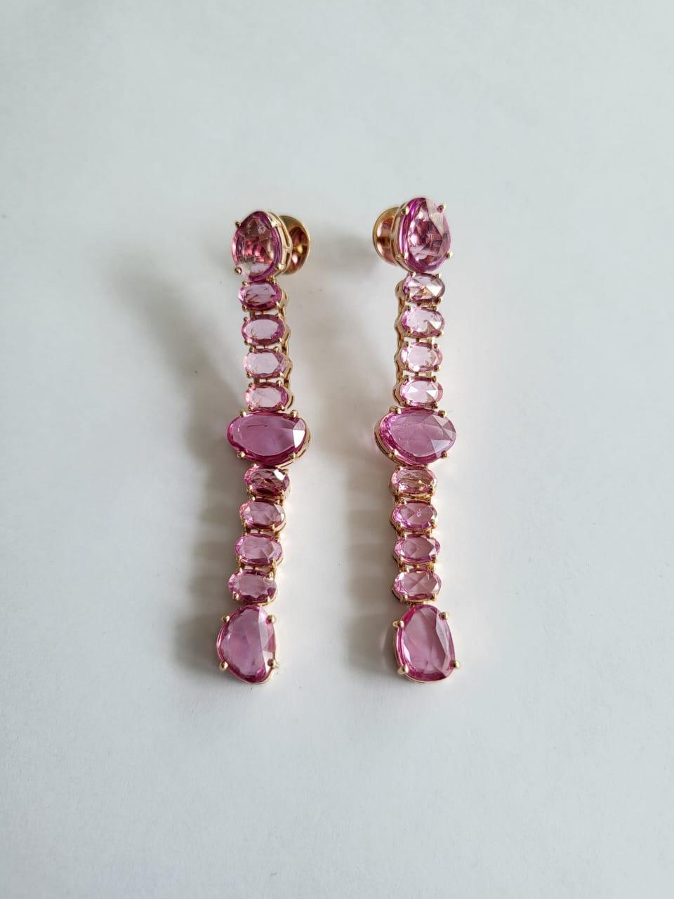 Women's or Men's Set in 18k Rose Gold, 15.14 Carats Pink Sapphire Rose Cut Chandelier Earrings For Sale