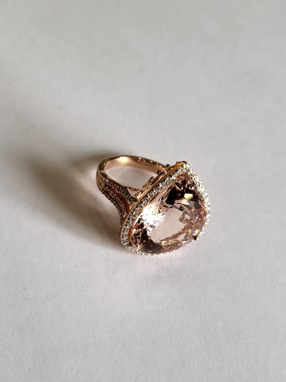 Pear Cut Set in 18k Rose Gold, 16.21 Carats Morganite & Diamonds Engagement/Cocktail Ring