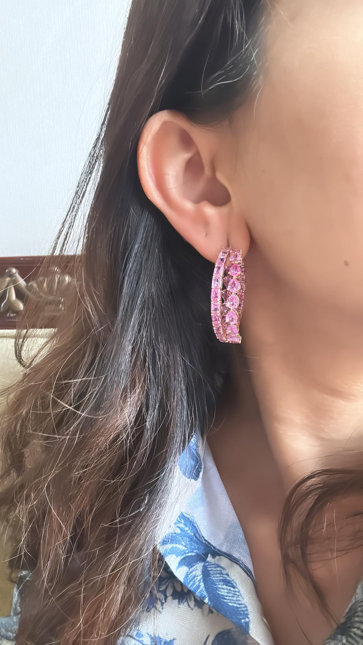 Orecchini a cerchio in oro rosa 18 carati, 17,97 carati, zaffiri rosa di Ceylon in vendita 4