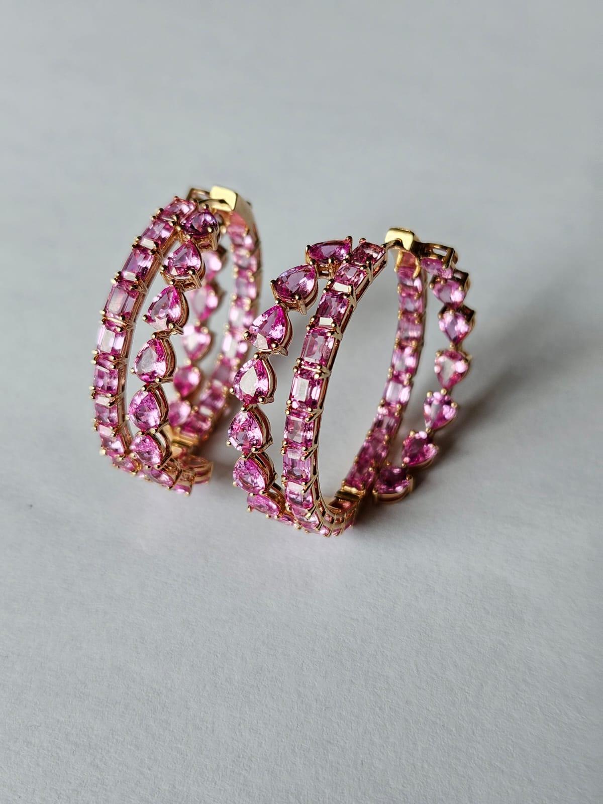 Taglio smeraldo Orecchini a cerchio in oro rosa 18 carati, 17,97 carati, zaffiri rosa di Ceylon in vendita