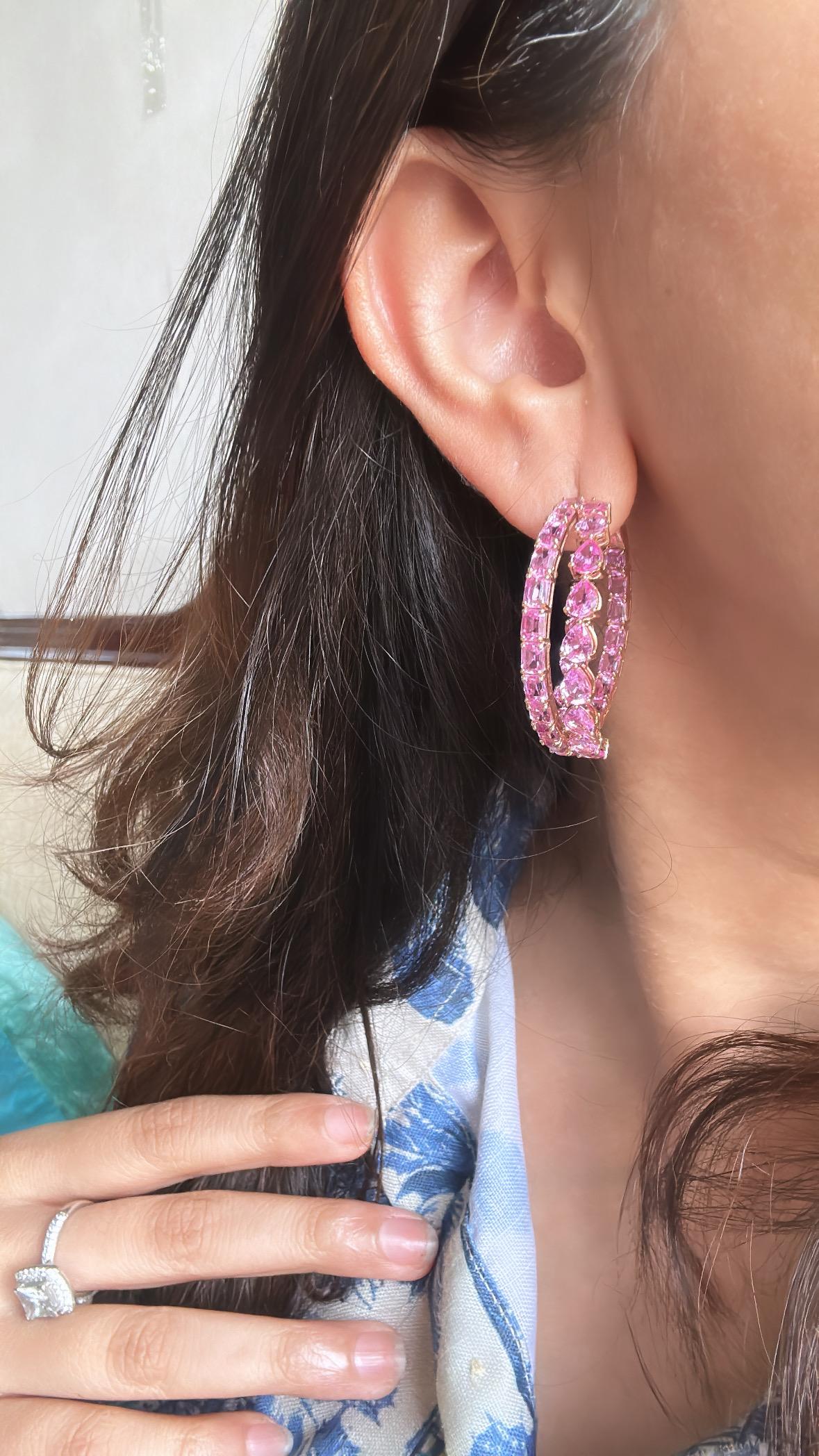 Orecchini a cerchio in oro rosa 18 carati, 17,97 carati, zaffiri rosa di Ceylon in vendita 2