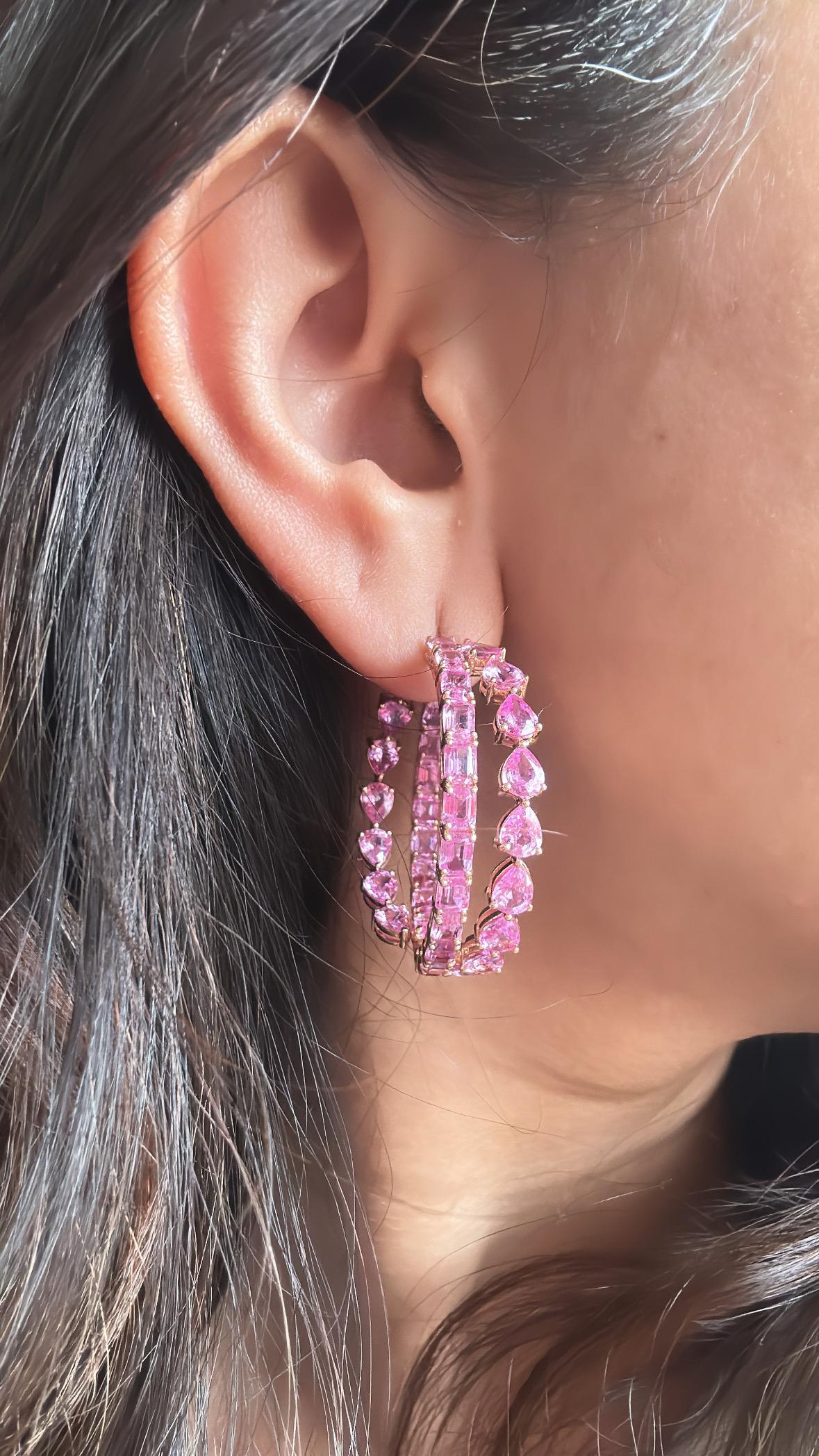 Orecchini a cerchio in oro rosa 18 carati, 17,97 carati, zaffiri rosa di Ceylon in vendita 3