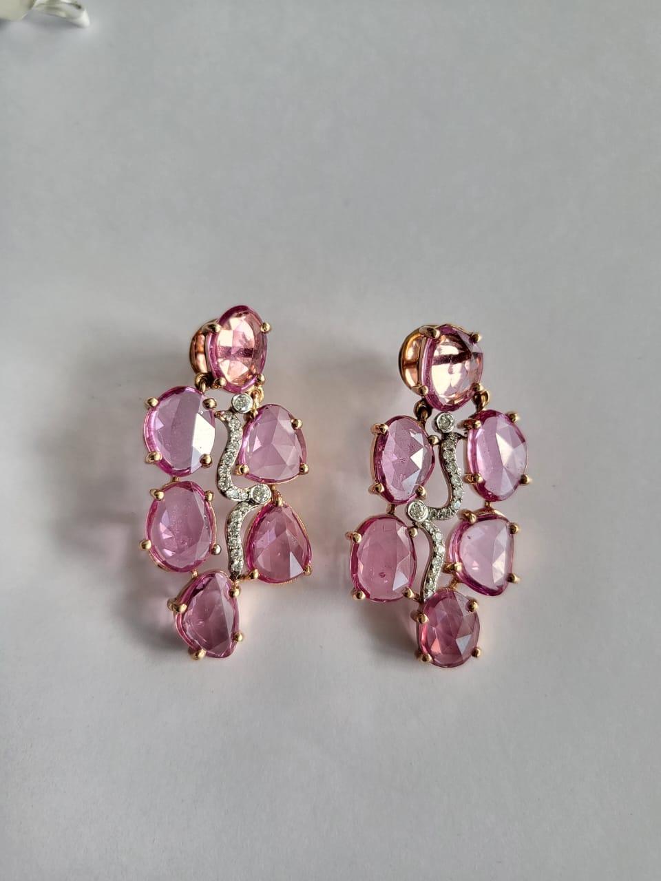 Modern Set in 18k Rose Gold, 18.25 Carats Pink Sapphire Rose Cuts & Diamonds Earrings For Sale