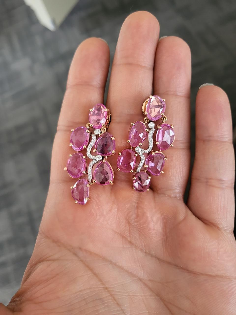 Set in 18k Rose Gold, 18.25 Carats Pink Sapphire Rose Cuts & Diamonds Earrings In New Condition For Sale In Hong Kong, HK